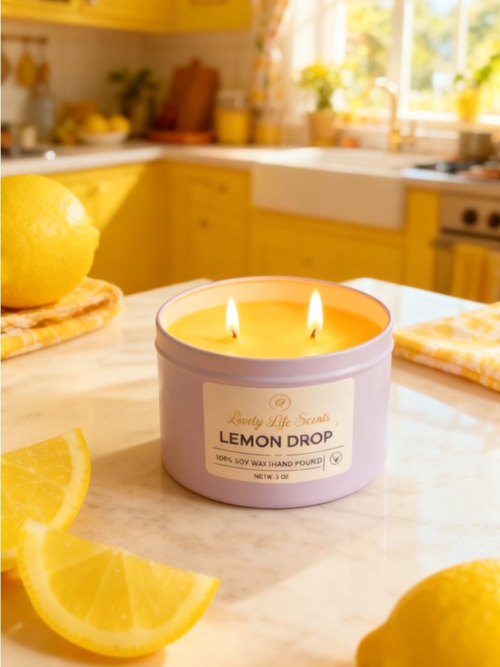 Lemon Drop 6oz Double Wick Premium Soy Candle Tin from Lovely Life Scents - Picture 2 of 4